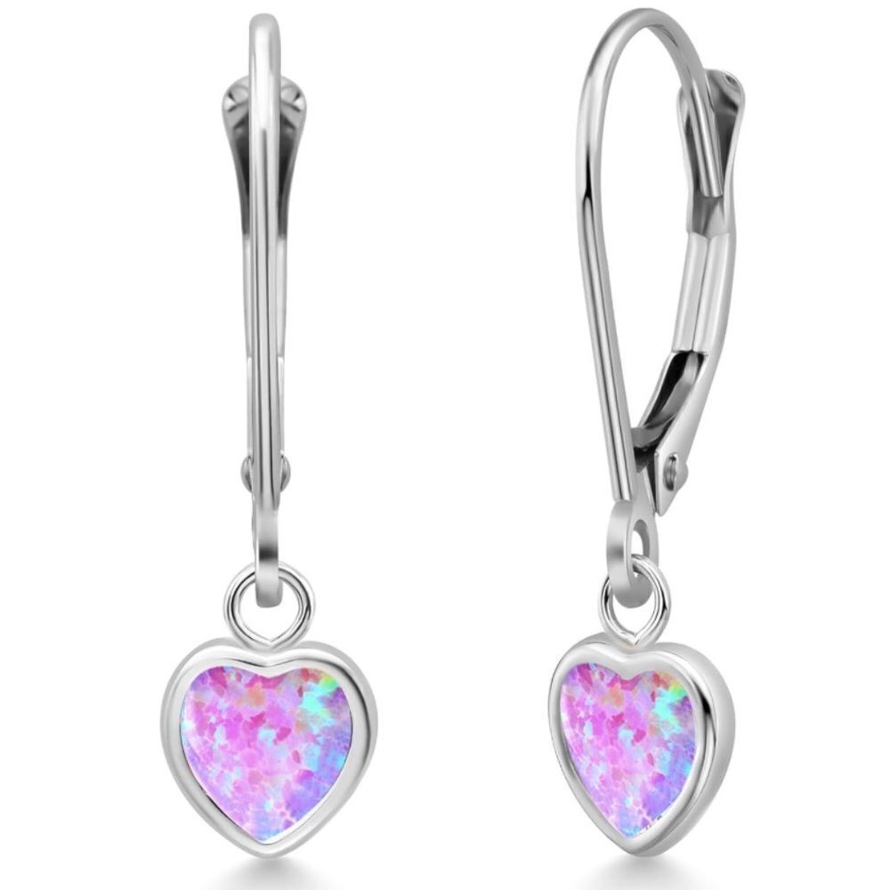 925 Sterling Silver 1.50 Cttw Fire Pink Opal Heart Leverback Drop Earrings